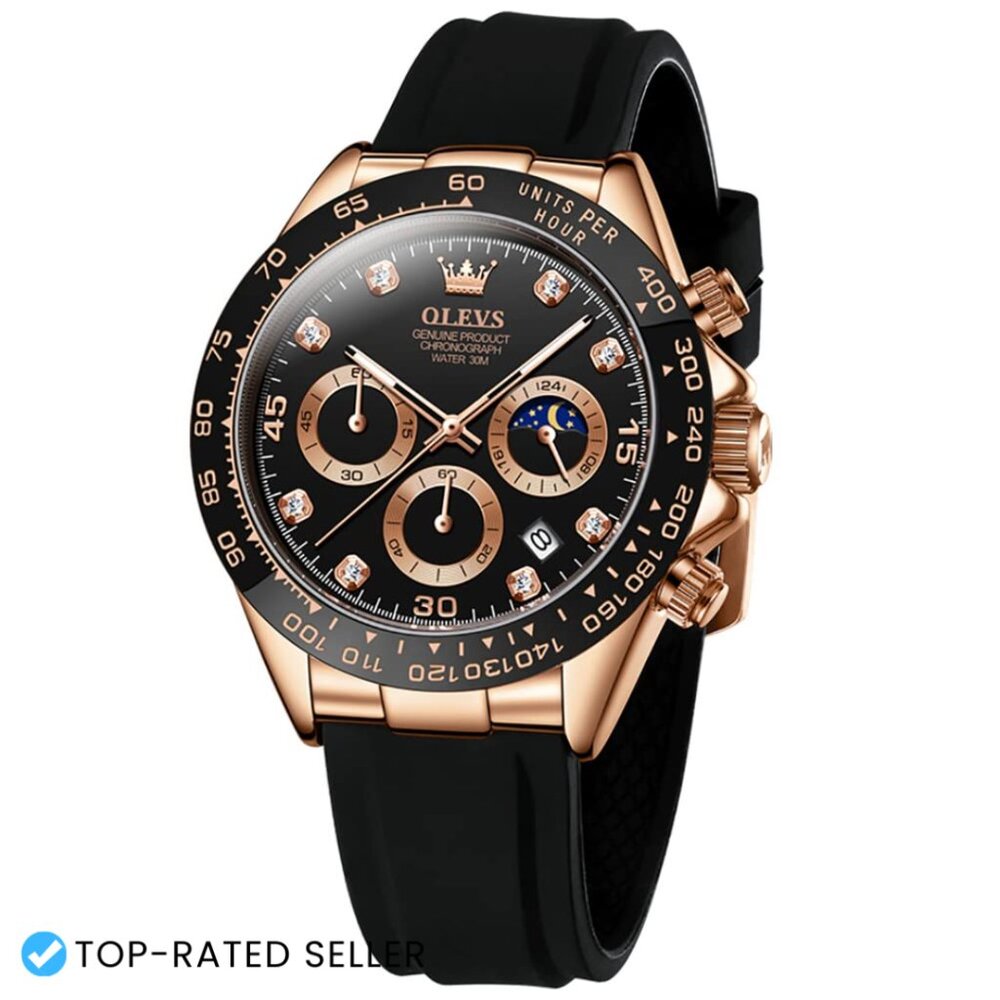 Analog Quartz Chronograph Watch Luminous Moon Phase Silicone Band Dress
